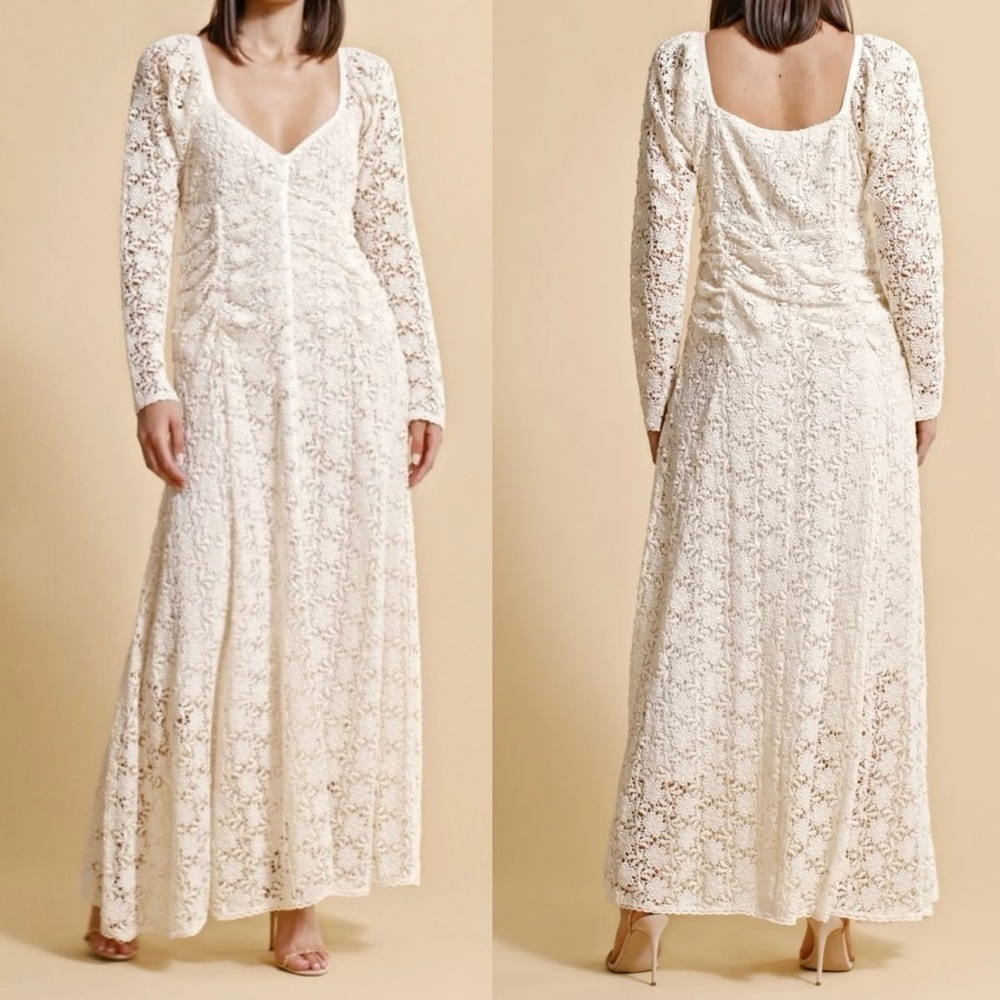 Nwot Bytimo Lace Long Sleeves Button Down Beige Maxi Dress Beautiful Size S